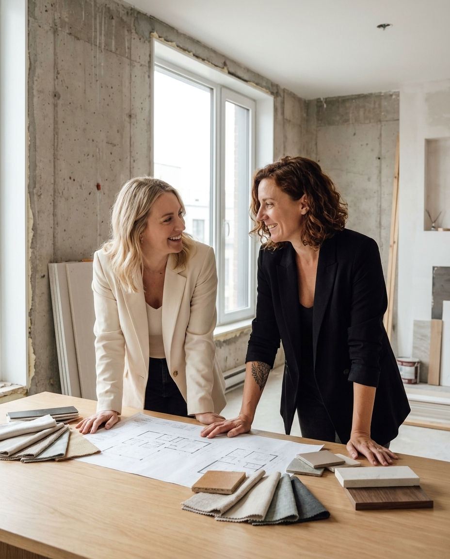 Architecte d'intérieur présentant son chantier à sa cliente